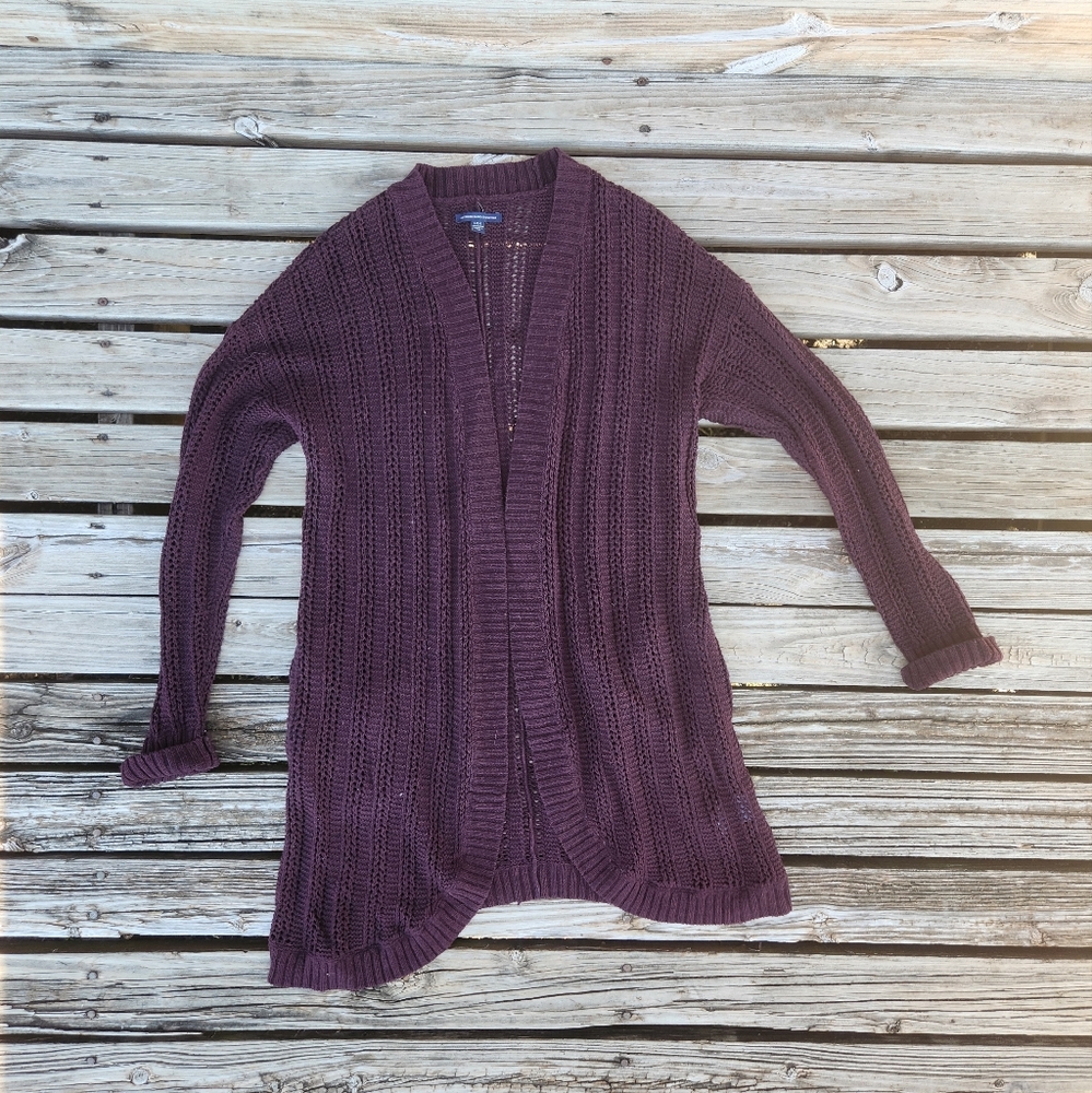 American Eagle Chunky Knit Purple Long Cardigan Fall pockets Large Slouchy